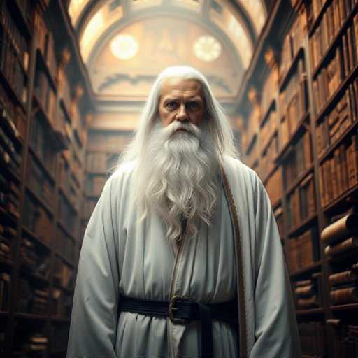 In this captivating image, an elderly man stands in the center of a grand library, exuding an aura of wisdom and tranquility. His long, flowing white hair cascades down to his shoulders, complementing his equally long and wavy beard that reaches his chest. His piercing blue eyes, framed by bushy white eyebrows, gaze directly at the viewer, creating a sense of connection and intrigue. He is dressed in a long, white robe cinched at the waist with a black belt, and a brown strap drapes over his left shoulder, adding a touch of practicality to his attire. The library around him is a marvel of architecture, with towering bookshelves filled with countless volumes that stretch from floor to ceiling. Above, a large, arched window allows natural light to filter in, illuminating the scene with a soft, ethereal glow. The man's serene expression and the majestic setting combine to create an image that is both powerful and calming.
