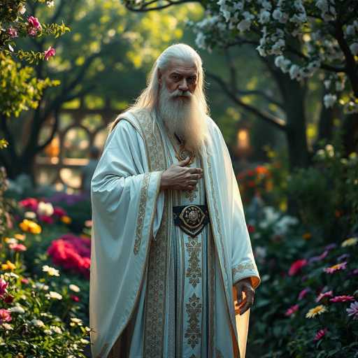 The image shows an older man dressed in a white robe with gold trim and a gold belt, standing in front of a garden filled with pink flowers and green trees. The man is holding a pipe in his right hand while looking off to the side.