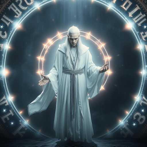 The image depicts a man dressed in a white robe and hood standing in the center of a circular portal with a starry background. The man is holding out his hands as if to offer something or receive an offering from the other side of the portal.