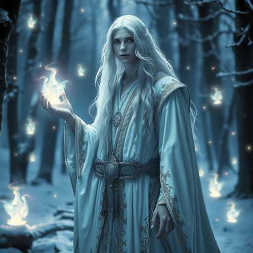 A serene, ethereal sorceress with flowing silver hair and piercing blue eyes stands in a mystical, snow-covered forest. She wears a long, flowing white robe with intricate golden trim, holding glowing, luminous flames in her outstretched hands. The scene is bathed in soft, luminescent light, creating a dreamlike, otherworldly atmosphere with a hyper-realistic, mystical style.