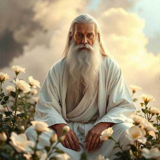 The image depicts a serene and ethereal scene of an elderly man, possibly representing a divine or mythological figure. He is seated in a field of white roses, with his hands resting on his knees. The man is dressed in a flowing white robe that drapes elegantly around his form, and his long, wavy white hair cascades down his shoulders. His face is adorned with a long, flowing white beard and mustache, adding to his distinguished appearance. The man's expression is one of deep contemplation, with his eyes gazing straight ahead, exuding a sense of wisdom and tranquility. The background features a sky filled with clouds, with a hint of blue peeking through, enhancing the dreamlike quality of the scene. The overall composition evokes a sense of peace and timelessness, as if capturing a moment from a story or myth.