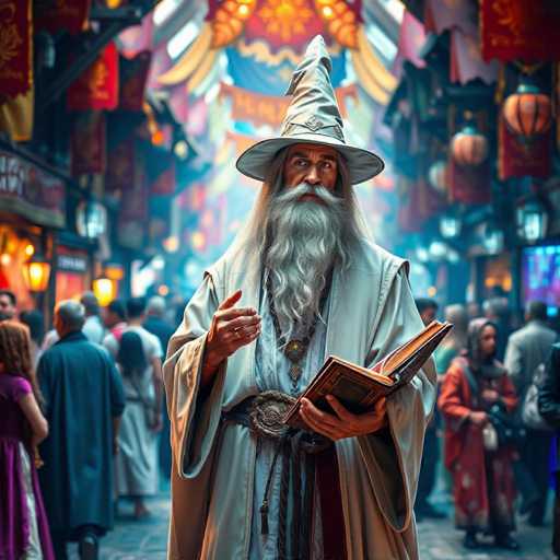 A man dressed as a wizard stands on a street corner holding an open book and wearing a white hat with a gold trim. The background is filled with colorful banners and lights, creating a festive atmosphere.