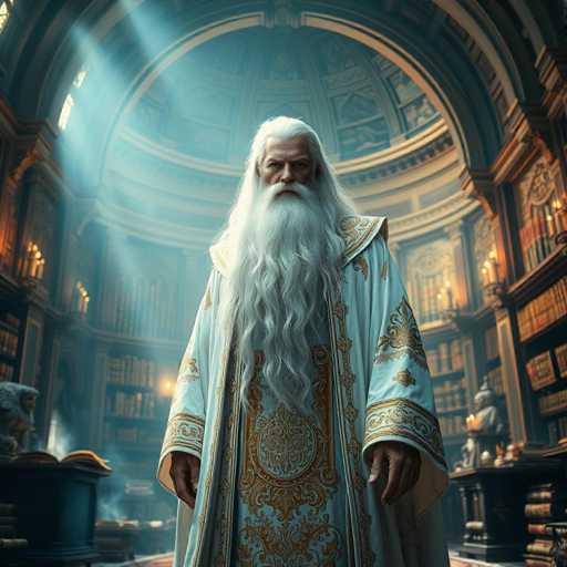 The image depicts a man with long white hair and a beard wearing a robe of gold and white colors standing in front of a large room filled with bookshelves and chandeliers. The room has an ornate architectural design featuring arches and columns, suggesting it could be a library or a grand hall.