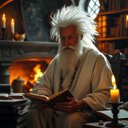 In this captivating image, an elderly man with a strikingly long and flowing white beard is depicted. His hair, equally long and wild, stands on end as if electrified, adding a dramatic flair to his appearance. He is dressed in a flowing white robe that complements his ethereal presence. Seated in a wooden chair, he is engrossed in reading a book, his eyes focused intently on its pages. The room around him exudes a sense of warmth and coziness, with a fireplace crackling in the background. Candles are lit on both sides of the scene, casting a gentle glow that enhances the serene ambiance. To his left, a stack of books rests on a table, while to his right, another book lies open on a surface. The overall composition of the image is both enchanting and tranquil, capturing a moment of quiet contemplation.