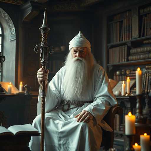 In this captivating image, an elderly man with a long, flowing white beard and mustache sits serenely in a chair. His attire consists of a pristine white robe cinched at the waist with a brown belt, and he wears a matching white turban. The man's right hand rests gently on his knee, while his left hand holds a tall, intricately designed staff. The staff features a brown handle adorned with silver accents, culminating in a pointed silver tip.

The setting around him is rich with detail. To his left, an open book lies on a table, surrounded by several lit candles that cast a warm glow. Behind him, a bookshelf filled with books stands tall, adding to the scholarly ambiance. On the right side of the image, more lit candles are arranged on a table, enhancing the cozy and contemplative atmosphere. The man gazes directly at the camera, his expression calm and thoughtful, inviting viewers to ponder the wisdom and stories he might hold.