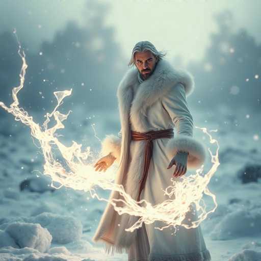 In this captivating image, a man stands in a snowy landscape, exuding an aura of mystique. He is dressed in a long, white fur coat that features a luxurious fur collar and fur-trimmed cuffs. The coat is cinched at the waist with a brown belt, adding a touch of contrast to his ensemble. His long, gray hair cascades down his back, complementing his dark mustache and beard. The man's expression is one of intense focus, as he gazes directly at the camera with a stern, almost angry look. His right hand is open, palm facing forward, while his left hand is clenched into a fist, from which a glowing, white light emanates. This ethereal light swirls around his hands and extends to the left and right, creating a mesmerizing effect. The background is a wintry scene, with snow-covered ground and trees blurred into the distance, under a grayish-blue sky. The overall composition of the image is square, drawing the viewer's attention to the man and the mystical energy surrounding him.