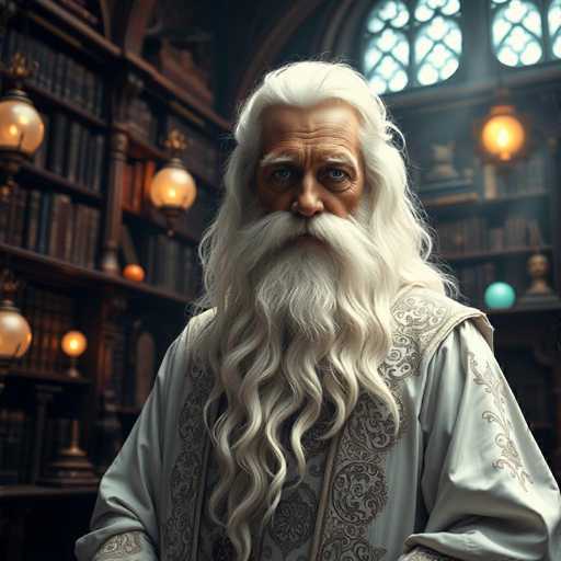 A wise, ancient wizard with a long, flowing white beard and piercing blue eyes sits in a grand, mystical library. He wears a formal, ornate white robe adorned with intricate silver embroidery. The library is filled with tall, dark bookshelves overflowing with ancient tomes and glowing orbs of light. The lighting is soft and ethereal, creating a magical atmosphere. The overall style is hyper-realistic and detailed, with a focus on depth and texture.