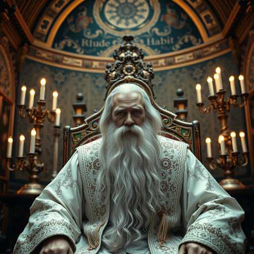 The image depicts a regal figure, possibly a king or a saint, seated on an ornate throne. The throne is intricately designed with a tall, pointed backrest adorned with elaborate gold and green patterns. The man has long, flowing white hair and a beard that cascades down to his waist, with a mustache that extends to his chin. His expression is stern, with furrowed brows and a serious gaze directed straight at the viewer.

He is dressed in a flowing white robe embellished with gold designs, and a decorative scarf drapes over his shoulders. The background features a grand, curved wall with a dark blue and gold color scheme, adding to the majestic atmosphere. Above him, a circular emblem with a starburst design is visible, along with partially obscured text that reads "Rude" and "Habit." The setting is further enhanced by the presence of candelabras on either side of the throne, each holding lit candles, contributing to the solemn and dignified ambiance.
