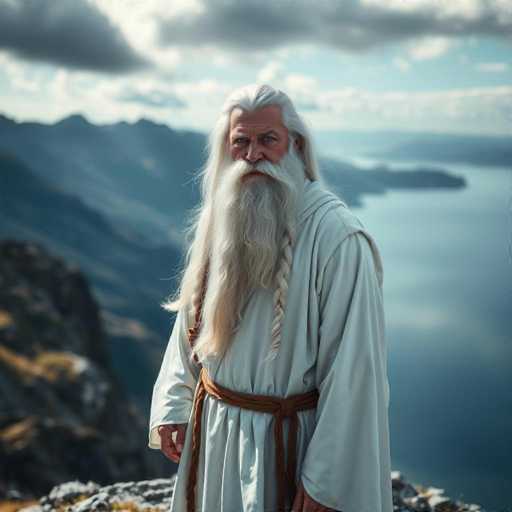 A majestic man stands on a rocky outcrop, gazing contemplatively into the distance. His long, flowing white hair cascades down, with a section intricately braided on the right side. His beard, equally long and white, features a unique braid at the bottom, adding to his mystical appearance. He is dressed in a flowing white robe cinched at the waist with a brown belt, and his hands rest gently at his sides. The backdrop reveals a serene body of water, possibly a lake or ocean, with a small island nestled in the middle. To the left, a rugged mountain range rises, its peaks shrouded in a misty atmosphere. Above, the sky is a brilliant blue, dotted with fluffy white clouds, completing this enchanting scene.