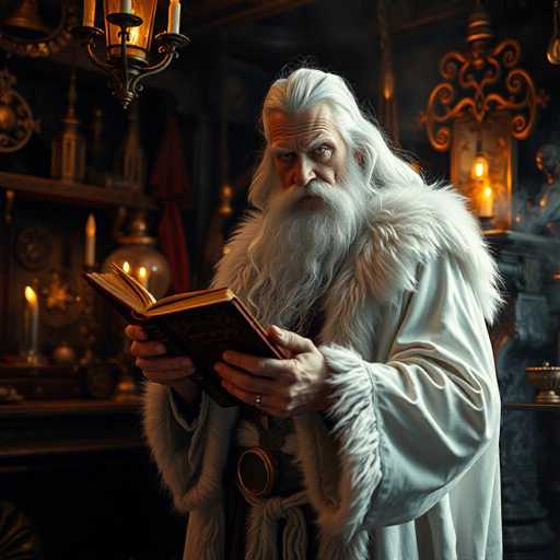 The image depicts a highly detailed, AI-generated portrayal of Gandalf from The Lord of the Rings. He stands in a dimly lit room, surrounded by an array of magical artifacts including candles, lanterns, and various objects that evoke a sense of ancient magic. Gandalf, with his long white hair, flowing beard, and mustache, is dressed in a flowing white robe adorned with fur trim on the collar, wrists, and down the front. He holds an open book, possibly a spell book, with both hands, and a wedding ring is visible on his finger. His face is marked with deep wrinkles, emphasizing his aged and wise appearance. The room's dark ambiance is punctuated by the warm glow of the candles and lanterns, adding to the mystical atmosphere.