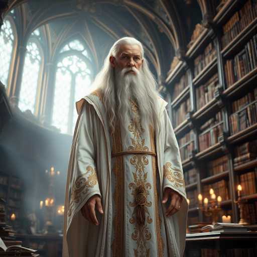 A wise, ancient wizard with long, white hair stands in a grand, dimly lit library. He wears a flowing, white robe adorned with intricate gold embroidery, standing amidst towering bookshelves filled with ancient tomes. The scene is atmospheric and mystical, bathed in soft light filtering from stained-glass windows.
