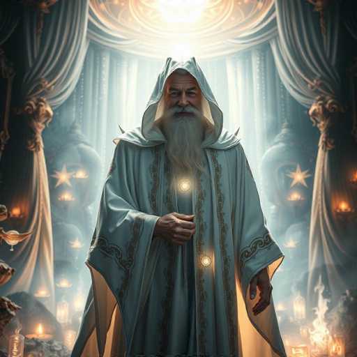 The image depicts a computer-generated, AI-generated scene of a wizard or神仙-like figure standing in the center of a grand, ornate room. The figure is an older man with a long, flowing white beard that extends past his chest and a matching mustache. He is adorned in a light blue or grayish robe with intricate gold designs along the sleeves and front, and a hood that drapes over his head. His right hand is raised, holding a glowing orb of light, while his left hand rests by his side. The room around him is filled with elaborate details, including large, heavy curtains with gold ties and a star-shaped design. The background features a mix of lit candles and lanterns, adding to the mystical atmosphere. The overall color palette includes shades of blue, white, gray, gold, orange, and yellow, enhancing the magical and ethereal feel of the scene.