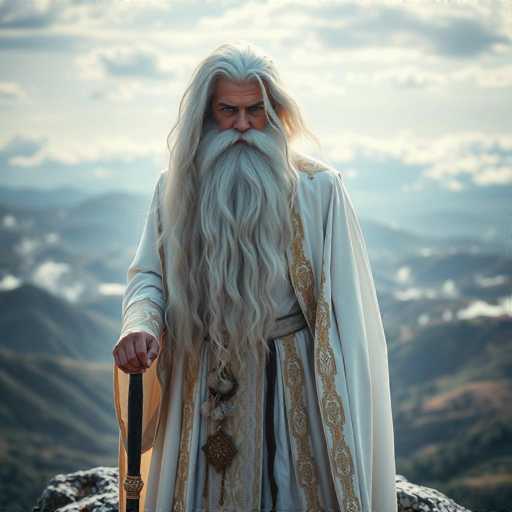A majestic figure stands atop a rugged rock, gazing intently into the distance. His long, flowing hair and equally lengthy beard, both a striking blend of white and gray, frame a face etched with deep wrinkles and furrowed brows, suggesting a life of great wisdom and experience. He is adorned in a flowing white robe, intricately detailed with golden patterns along the edges, and cinched at the waist with a black belt. In his right hand, he holds a black cane, its top adorned with a golden embellishment, adding to his dignified appearance. The backdrop reveals a vast expanse of rolling hills and distant mountains, their silhouettes softened by the haze of the setting sun. The sky above is a canvas of gray, punctuated by clouds that hint at the approaching twilight, casting a serene yet somber mood over the scene.