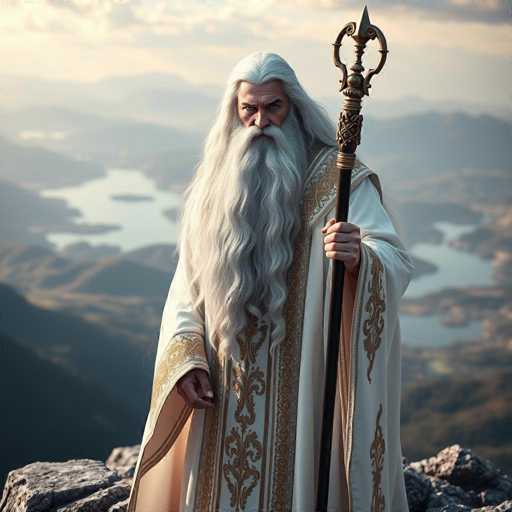 A man with long white hair and a beard is standing on top of a mountain holding a golden staff or wand. He is dressed in a robe that has gold embroidery and is wearing a hat. The background features a beautiful landscape of mountains and water.