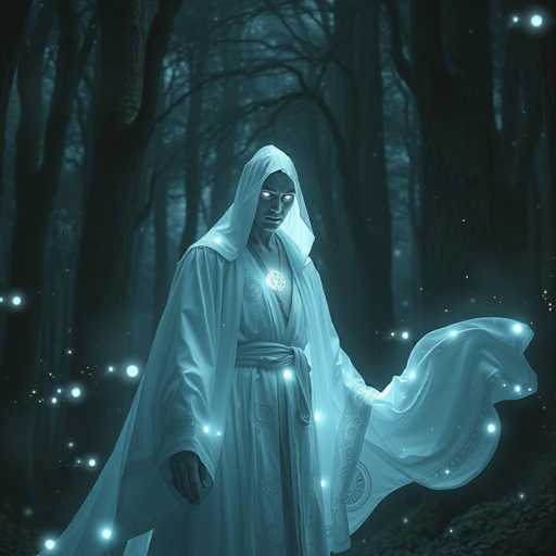 The image depicts a mystical figure standing in a dark, dense forest. The figure is dressed in a flowing white robe with intricate patterns and a matching white hood. Their eyes glow with an eerie, bright white light, and a luminous circle adorns their chest. The figure's right hand rests at their side while their left hand is raised, causing the robe to billow dramatically. The forest background is filled with tall, shadowy trees, and the ground is covered in dark grass. Scattered throughout the scene are numerous glowing white orbs, adding to the ethereal atmosphere. The overall color palette is dominated by shades of black, white, and gray, with the glowing elements providing the only contrast. The figure's intense gaze is directed straight at the viewer, creating a powerful and enigmatic presence.