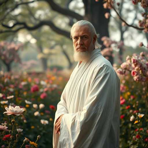 A man with white hair and a beard stands in front of a garden filled with pink flowers, wearing a white robe and holding a book.