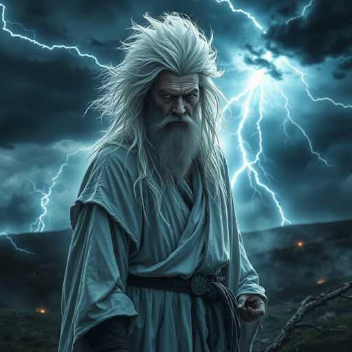 A weathered, ancient wizard with a wild mane of white hair and piercing blue eyes stands in a stormy landscape. He wears a tattered, flowing white robe amidst flashes of lightning and a dark, rumbling sky. The image is high-contrast, emphasizing a dramatic, epic feel with a hyper-realistic, cinematic style.