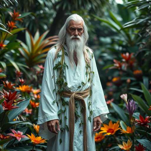 In this captivating image, a man stands amidst a lush, tropical forest, exuding an aura of ancient wisdom. His long, flowing white hair and equally long beard frame a face marked by deep wrinkles, suggesting a life filled with experiences. He is dressed in a flowing white robe cinched at the waist with a brown rope, and his hands rest by his sides, fingers slightly curled. Draped over his right shoulder is a vine adorned with leaves, adding to his connection with nature. The background is a vibrant tapestry of tropical flora, featuring an array of colorful flowers in shades of orange, red, pink, and purple, interspersed with large green leaves. The scene is bathed in sunlight, which filters through the dense canopy above, casting a warm glow on the man and highlighting the vivid colors of the surrounding plants. The overall composition evokes a sense of timeless tranquility and natural beauty.