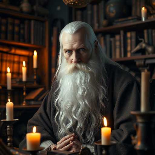 A man with long white hair and a beard is seated at a table surrounded by candles and books. The room has dark wood paneling and a chandelier hanging from the ceiling.
