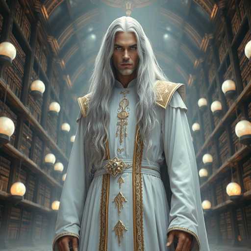 In this captivating image, a man stands in the grandeur of a vast library, surrounded by towering bookshelves that stretch up to the ceiling. The shelves are adorned with numerous lights, casting a warm glow that enhances the majestic atmosphere. The man, who appears to be of European descent, has long, flowing gray hair that cascades down to his waist. His striking blue eyes and chiseled features give him a distinguished appearance. He is dressed in an elaborate white gown, intricately detailed with gold accents. The gown features a prominent gold belt with a large buckle, and the front is adorned with ornate gold designs that resemble tassels. His shoulders are covered by a gold piece that adds to the regal nature of his attire. The man's hands rest at his sides, and he gazes directly at the camera with a composed and dignified expression.