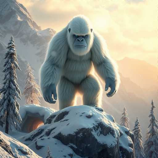 A majestic white gorilla stands on a snow-covered mountain, its fur gleaming in the sunlight. The gorilla's piercing blue eyes and black nose contrast sharply with its pristine white coat. Its hands, also white, are positioned at its sides as it gazes directly at the viewer. The background features a snow-laden landscape with tall, snow-covered trees and distant mountains, creating a serene and awe-inspiring scene.