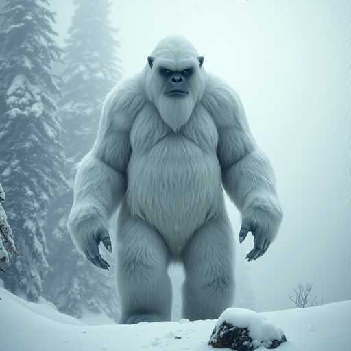 A large white gorilla stands on a snowy mountain peak surrounded by snow-covered trees and rocks.