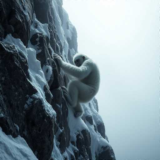 A striking photograph captures a white-furred gorilla skillfully climbing a snow-covered mountain. The gorilla's fur appears almost entirely white, blending seamlessly with the snowy landscape. Its face is partially visible, with one eye and part of its nose discernible. The gorilla's left arm is extended upwards, gripping the mountain with its hand, while its right arm is bent at the elbow, also clutching the rocky surface. Its left leg is bent and positioned in front, with the foot firmly planted on the mountain, while the right leg is tucked behind, with the foot obscured from view. The background is a stark white, suggesting a cloudy sky, and the mountain itself is a mix of grayish-black rock and patches of snow. The scene is serene yet powerful, highlighting the gorilla's natural ability to navigate its wintry environment.