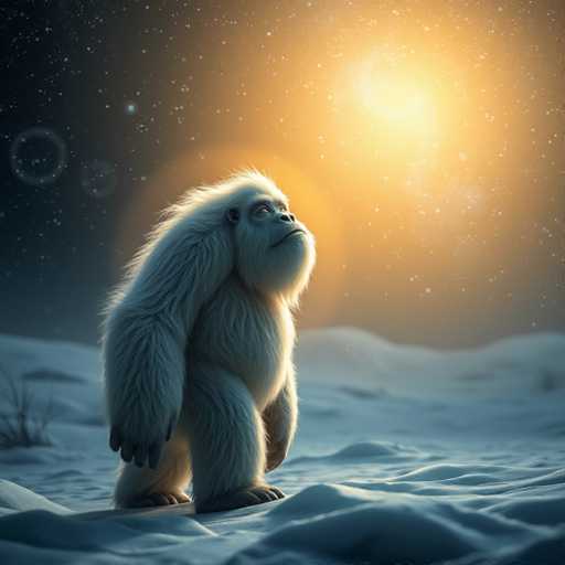 A white furry animal with brown spots is standing on a snowy field under the night sky. The animal appears to be looking up towards the stars and the sun.
