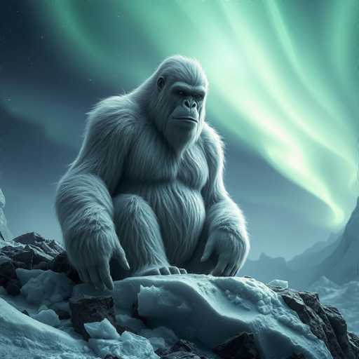 The image depicts a highly detailed, computer-generated scene of a large, white gorilla with a muscular build, sitting on a rocky outcrop in a snowy, mountainous landscape. The gorilla, which appears to be covered in fur, is positioned on all fours with its hands and feet resting on the rocks. Its face, characterized by a prominent nose, small eyes, and a mouth, is turned slightly to the right, gazing off into the distance. The background features a dark blue sky illuminated by the ethereal glow of the Northern Lights, with swirling patterns of green and white light. The scene is set against a backdrop of snow-covered mountains, enhancing the cold, serene atmosphere of the image.