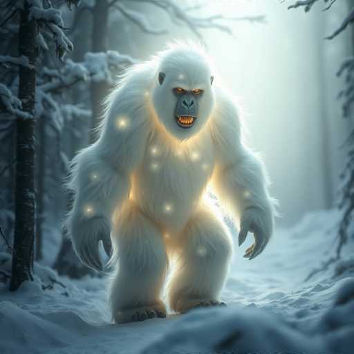A white gorilla with large eyes and a prominent nose stands on its hind legs in the center of a snowy forest, surrounded by snow-covered trees and bushes.