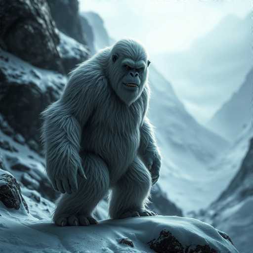 A highly detailed, computer-generated image depicts a large, gray gorilla standing on a snow-covered mountain. The gorilla, with its long, shaggy fur, is positioned on all fours, gazing intently at the camera with a menacing expression. Its fur appears to be a mix of gray and white, with a slightly darker gray on its face and head. The gorilla's eyes are a striking yellow, and its mouth is slightly open, revealing sharp teeth. Its hands and feet are covered in long fur, with visible claws on its hands. The background features a vast, snowy mountain range with a valley nestled between the peaks, adding to the dramatic and imposing atmosphere of the scene.