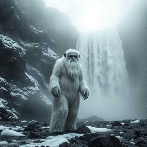 In this black and white photograph, a majestic waterfall cascades down the center, flanked by rugged, rocky cliffs on either side. The water appears to freeze mid-fall, creating a surreal, almost ethereal effect. At the base of the waterfall, a creature reminiscent of a yeti stands on a rocky, snow-covered ground. The yeti has long, shaggy fur and a beard that flows down to its chest, with its arms hanging loosely by its sides. Its face is partially obscured by the beard, but its dark eyes and nose are visible. The yeti's feet are planted firmly on the ground, and its hands rest at its sides. The overall scene is shrouded in a misty atmosphere, adding to the otherworldly and mysterious ambiance of the image.