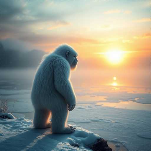 In this captivating image, a white-furred gorilla stands majestically on a snow-covered cliff, gazing out over a serene body of water. The gorilla's posture is relaxed, with its arms hanging down by its sides, and its face turned slightly to the right, revealing a contemplative expression. The scene is bathed in the warm, golden hues of a setting sun, which casts a gentle glow across the landscape. The sky is a mesmerizing blend of orange and blue, with wispy clouds adding texture to the backdrop. The water below reflects the sun's radiant light, creating a shimmering effect that enhances the tranquil atmosphere. The gorilla's shadow is cast clearly on the snow, adding depth to the composition. In the distance, a mountain range can be seen, its peaks shrouded in a misty fog that blends seamlessly with the sky. The overall scene is a harmonious blend of natural beauty and the quiet presence of the gorilla, evoking a sense of peace and wonder.