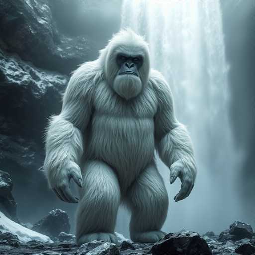 The image depicts a majestic white gorilla standing on a rocky surface. Its fur is long and flowing, giving it an ethereal appearance. The gorilla's face is characterized by a pronounced frown and a beard-like tuft of fur beneath its mouth. Its eyes are dark and intense, gazing directly at the viewer. The gorilla's arms hang down by its sides, with its hands slightly clenched. In the background, a large waterfall cascades down, creating a misty atmosphere. The scene is predominantly rendered in shades of white, gray, and black, with the waterfall providing a striking contrast to the gorilla's fur. The overall composition exudes a sense of power and tranquility, capturing the essence of this magnificent creature in its natural habitat.