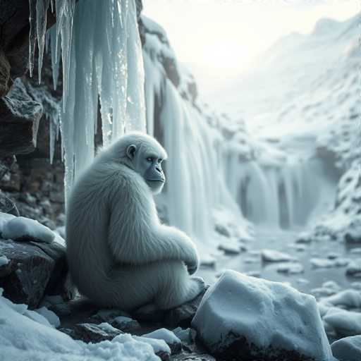 In this captivating image, a gorilla is perched on a snow-covered rock, its back turned towards the viewer while it glances over its shoulder with a curious expression. The gorilla's fur is predominantly white, with a striking contrast of black fur around its eyes and mouth. The creature's right arm is bent at the elbow, with its hand resting on its knee, adding to its contemplative pose. The scene is set in a serene, snowy landscape, with a river flowing gently in the background. Icicles hang from the rocky cliff face, and snow blankets the ground, creating a tranquil winter wonderland. The gorilla appears to be gazing into the distance, perhaps pondering the vast expanse of the wintry terrain around it.