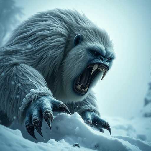 The image depicts a computer-generated, highly detailed 3D model of a Yeti-like creature. The Yeti is portrayed with a menacing expression, its mouth wide open in a fierce roar, revealing sharp fangs and a pink tongue. Its fur is a mix of white and gray, with the head being predominantly white and the body covered in gray fur. The creature's eyes are dark and intense, and it has small, rounded ears. Its hands are black with long, sharp claws, and snow is visible on its wrists and the ground around it. The background is a light blue, almost white, with blurred trees on either side, enhancing the focus on the Yeti. The overall scene is set in a snowy environment, with the Yeti appearing to be in motion, possibly running or climbing, as it steps forward with one hand. The image is square-shaped, emphasizing the Yeti's imposing presence in the center.