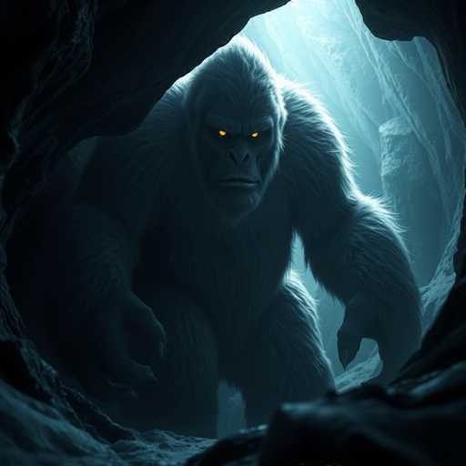 The image depicts a large gorilla with white fur and yellow eyes standing in the center of a cave-like environment. The gorilla is facing towards the right side of the frame, giving an impression that it's looking out into the darkness. The background consists of rocks and trees, adding to the natural setting of the scene.