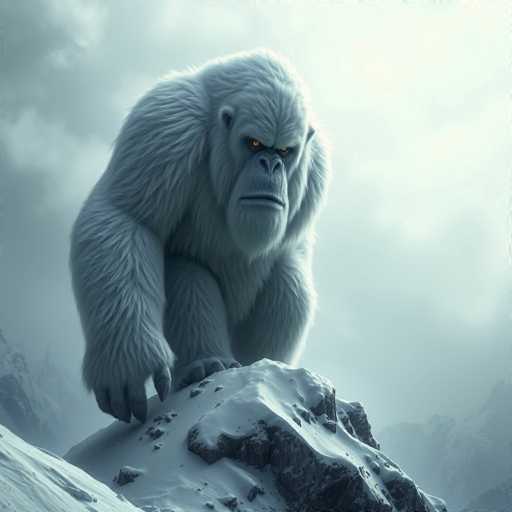 The image depicts a colossal gorilla, reminiscent of King Kong, standing atop a snow-covered mountain peak. The gorilla's fur is a mix of white and gray, with a particularly white head, and it has piercing orange eyes that add an intense, almost menacing look to its face. Its mouth is closed, and it appears to be gazing slightly to the right. The gorilla's massive hands, with long, sharp claws, are planted firmly on the ground, and its feet are also firmly planted, giving it a dominant stance. The background features a cloudy, gray sky with hints of sunlight breaking through, and additional snow-covered mountain peaks are visible in the distance. The overall scene is set in a snowy, mountainous landscape, emphasizing the gorilla's immense size and power.