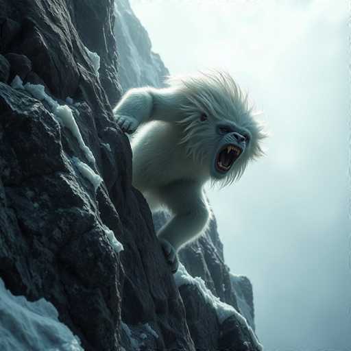 The image depicts a computer-generated scene featuring a mythical creature, likely a yeti, set against a snowy mountain backdrop. The yeti, with its white fur and black face, is captured in a dynamic pose, climbing a steep, dark gray rocky cliff. Its mouth is wide open, revealing sharp fangs, and its eyes are squinted, giving it an angry expression. The creature's fur appears to be blowing in the wind, adding to the sense of motion. The background is a light gray, cloudy sky, enhancing the cold and rugged atmosphere of the scene. The yeti's powerful claws are gripping the rock as it ascends, emphasizing its strength and determination.