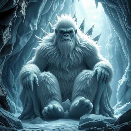 The image depicts a large, white-furred gorilla seated in the center of a cave. The gorilla has a beard and a mustache, and its eyes are looking directly at the viewer. Its hands rest on its knees, and its feet are visible. The cave is illuminated by light streaming in from the top right corner, casting a glow on the gorilla's head and the cave walls. The cave floor is covered with ice and rocks, and the walls are also made of ice. The overall color palette of the image includes shades of white, blue, and black.
