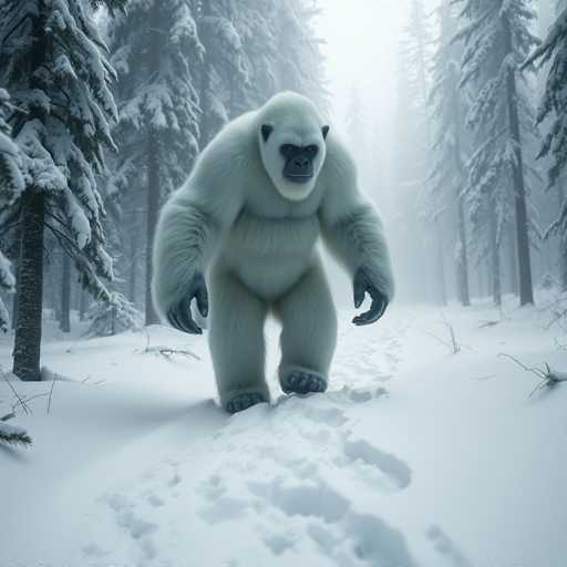 A large white gorilla is walking through a snowy forest, with its arms outstretched and legs spread wide as it moves towards the right side of the image. The gorilla's fur appears to be slightly dirty from the snow, indicating that it has been in the woods for some time. The background features tall trees covered in snow, creating a serene winter landscape.