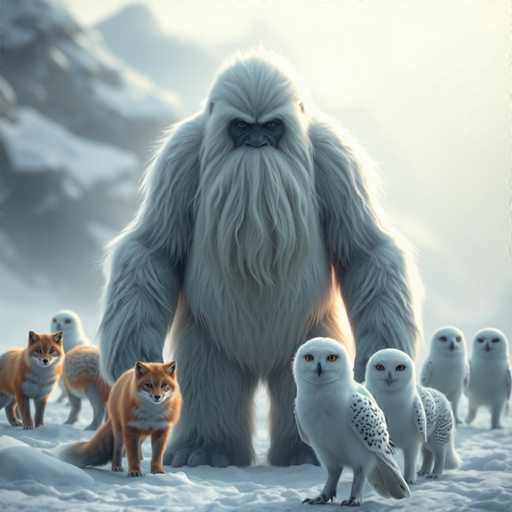In this captivating image, a majestic yeti stands prominently in the foreground, its white fur contrasting sharply with its dark, expressive eyes. The yeti's face is adorned with a long, flowing beard that cascades down its chest, adding to its imposing presence. Surrounding the yeti are several other creatures: to the left, a pair of foxes with their reddish-brown fur and white chests gaze curiously at the yeti. To the right, a group of five owls with pristine white feathers and distinctive black spots on their wings observe the scene. The snowy landscape beneath them is dotted with patches of grass, and in the background, a towering mountain looms, its peak shrouded in a misty fog. The overall scene is a mesmerizing blend of mythical and natural elements, creating a surreal and enchanting atmosphere.