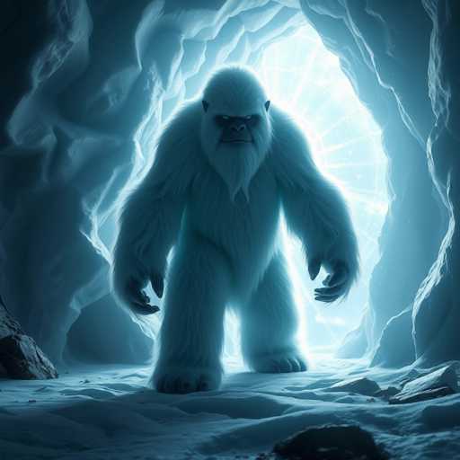 The image depicts a computer-generated, white-furred creature resembling a yeti, standing on its hind legs in the center of a cave. The yeti's fur is long and shaggy, with a beard-like tuft of hair hanging from its chin. It has small, pointed ears, dark eyes, and a dark nose, giving it a menacing expression as it gazes directly at the viewer. The creature's arms are long and covered in fur, ending in hands with three fingers each, which are curled downward. The cave itself is illuminated by a bright light streaming through a circular opening in the background, casting a blue hue over the scene. The cave floor is covered in snow, and there are rocks scattered around, particularly noticeable in the bottom right corner of the image. The overall atmosphere is dark and eerie, with the light from the opening providing stark contrast to the surrounding shadows.