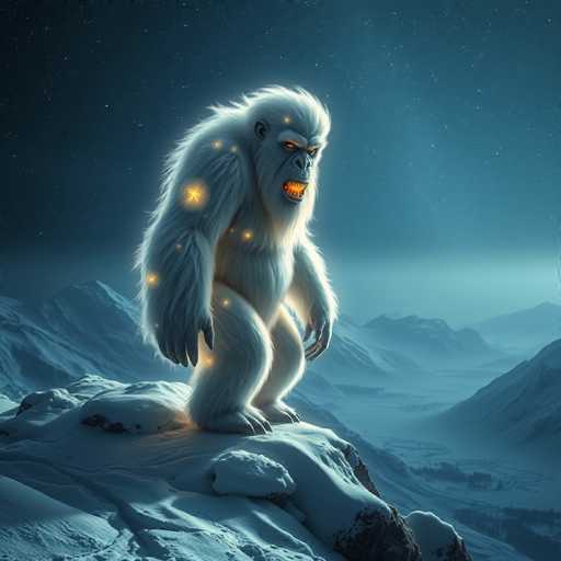 The image depicts a computer-generated scene of a large, white-furred gorilla-like creature standing on a snow-covered mountain peak. The creature, reminiscent of a yeti, has a menacing appearance with glowing orange eyes and an open mouth revealing sharp, yellow fangs. Its fur is illuminated by numerous yellow stars and lights scattered across its body, adding a mystical glow. The gorilla's stance is aggressive, with its arms hanging down and legs spread apart, as if ready to attack. The background features a starry night sky with a gradient of dark blue to light blue, and snow-covered mountains extending into the distance. The overall atmosphere is eerie and foreboding, with the creature's fierce expression and the ethereal lighting enhancing the sense of danger.