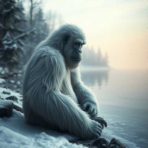A highly detailed, computer-generated image depicts a large gorilla seated on a rocky shoreline, gazing contemplatively out over a serene lake. The gorilla, covered in long, white fur, has a distinct grayish face and a pronounced jawline. Its posture is relaxed, with its arms resting on its knees and its hands clasped together. The shoreline is dotted with rocks, and the lake's surface reflects the surrounding landscape, including a distant island adorned with tall, snow-covered trees. The sky above is a soft, light blue, adding to the tranquil atmosphere of the scene.