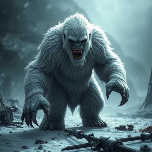 The image depicts a menacing, computer-generated creature resembling a yeti or gorilla, standing in a snowy, desolate landscape. The creature's fur is predominantly white with hints of gray, and it has a fierce, angry expression with its mouth wide open, revealing sharp, yellow fangs. Its eyes are dark and intense, and it has a prominent nose. The yeti's hands are raised, showcasing its long, sharp claws. The background is a mix of light and dark gray tones, with a cloudy sky and distant mountains. Scattered around the yeti are various pieces of metallic debris, including what appears to be a gun and other mechanical objects, suggesting a scene of destruction. The overall atmosphere is dark and foreboding, with the creature appearing to be the dominant and terrifying presence in the image.