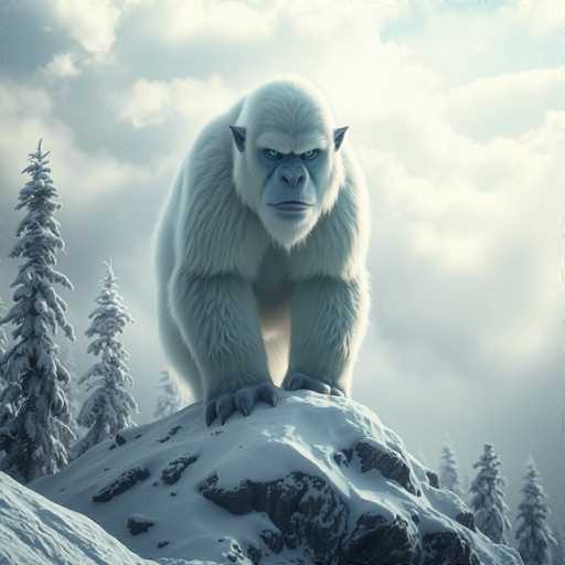 The image depicts a majestic white gorilla standing on a snow-covered mountain peak, surrounded by a dense forest of tall, snow-laden pine trees. The gorilla, with its striking blue eyes and black nose, gazes directly at the viewer, exuding a sense of strength and tranquility. Its fur is predominantly white, with subtle gray shading on its face, hands, and legs, adding depth to its appearance. The gorilla's powerful arms are positioned in front of it, and its sharp claws are visible, emphasizing its formidable presence. The scene is set under a sky filled with clouds, with sunlight filtering through, casting a gentle glow on the gorilla's fur and the surrounding landscape. The overall atmosphere is serene yet powerful, capturing the essence of this magnificent creature in its natural habitat.