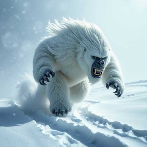 A highly detailed, computer-generated image depicts a fearsome white gorilla trudging through a snowy landscape. The gorilla's fur is pristine white, contrasting sharply with its dark gray hands, feet, and face. Its menacing expression is accentuated by sharp, white fangs and a wide-open mouth, revealing a fierce growl. The creature's eyes are dark and intense, adding to its intimidating presence. As it moves through the snow, its powerful legs leave deep imprints, while its long, white fur flows behind it, caught in the wind. The background is a serene expanse of white, with delicate snowflakes gently falling from the sky, creating a stark and dramatic contrast to the gorilla's aggressive demeanor.