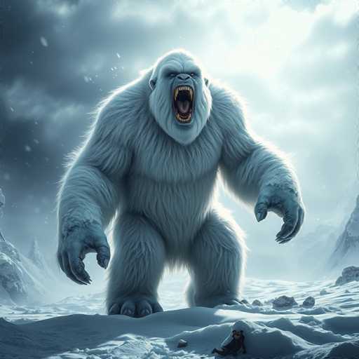 The image depicts a towering, white-furred gorilla-like creature with an imposing presence. Its massive body is covered in long, thick fur, and its enormous hands are poised as if ready to grasp something. The creature's mouth is wide open, revealing sharp, menacing fangs and a pink tongue, giving the impression that it is roaring or preparing to attack. The background is a stark, snowy landscape with jagged, rocky mountains on either side, adding to the sense of isolation and cold. The sky above is a mix of gray and white, with sunlight piercing through the clouds, casting a dramatic light on the scene. The creature stands on a snowy surface, with its massive feet partially buried in the snow, emphasizing its enormous size. In the bottom right corner, a small bear-like creature is visible, seemingly hiding from the towering giant, adding a layer of tension and contrast to the image.