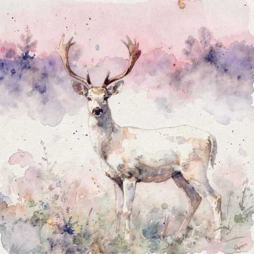 This watercolor painting depicts a majestic buck deer standing in a grassy field. The deer, with its large, impressive antlers, is rendered in shades of brown and white, with a distinctive black nose and dark eyes. The background features a soft pink sky with purple trees, creating a serene and tranquil atmosphere. The foreground is adorned with green grass and various plants, adding depth and detail to the scene. The overall composition captures the essence of nature with its delicate watercolor technique, highlighting the deer's presence in its natural habitat.